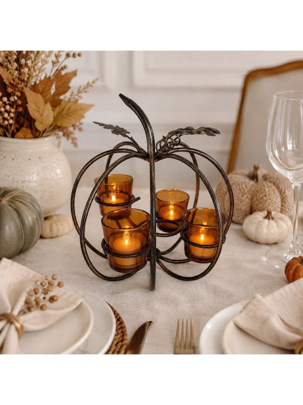 Autumn Pumpkin Votive Candle Holder Fall Centerpiece Thanksgiving Decor Rustic